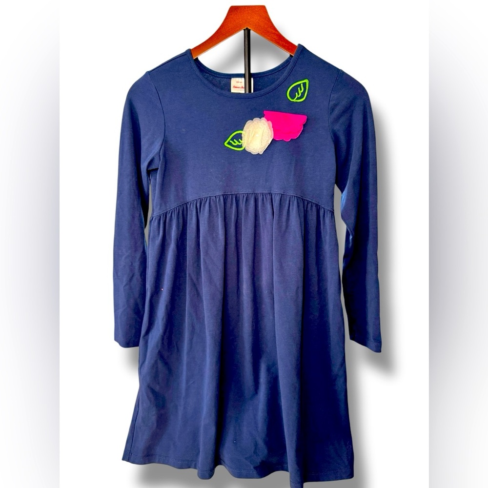 Hanna Andersson Size 12 navy blue floral appliqué long sleeve girls dress EUC